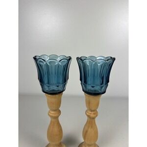 Vintage Teal Blue Glass Tulip Peg Votive Candle Holder Set of 2 Scalloped Ribbed